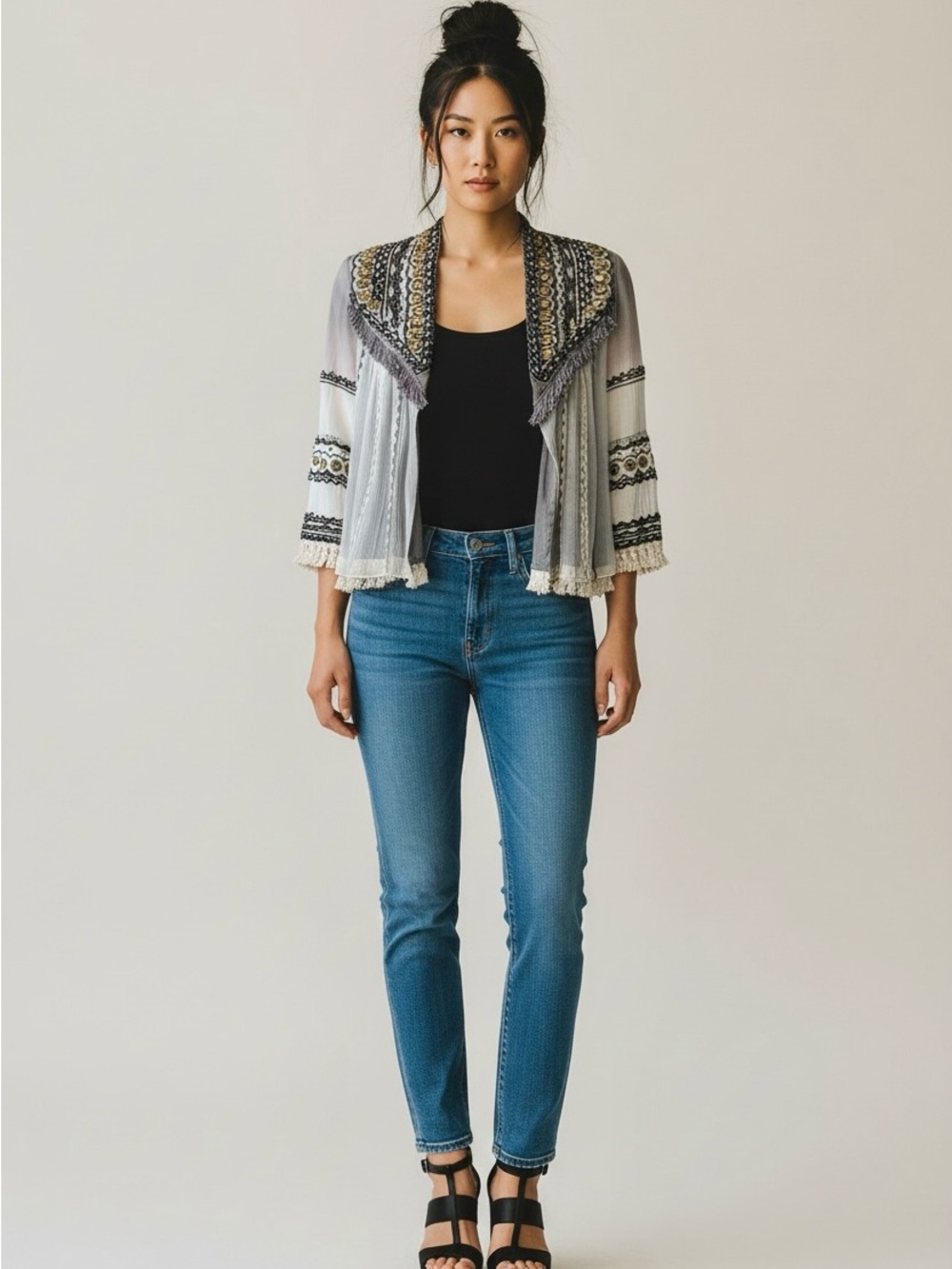 Lovestitch Boho Embroidered Mirror Fringe Jacket Cardigan | S